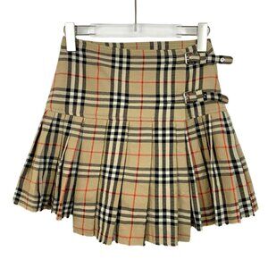 Burberry Beige Nova Check Wool Pleated Mini Skirt With Double Buckle Fastenings